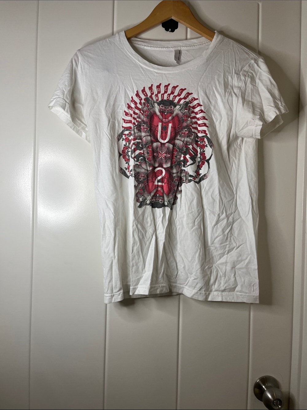 American Apparel White Short-Sleeve Graphic Tee with Red/Black Print